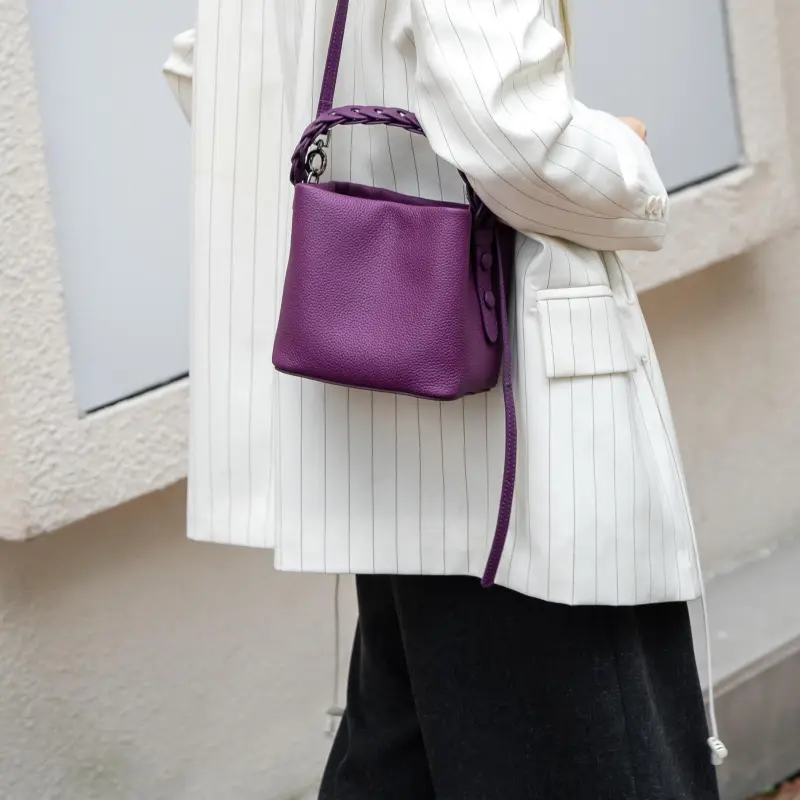 BLAKE FLEETO Top Grain Cow Leather Bucket Bag Twisted Basket Bag Handbag Women's Multicolor-18