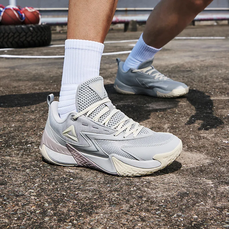 PEAK Cushioned Slip-Resistant Breathable Rebound Low-Top Basketball Shoes Men's White Gray-9