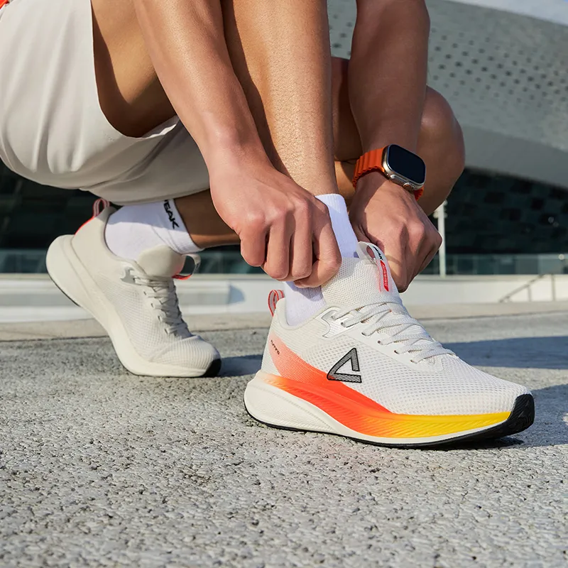 PEAK Cushioning Rebound Abrasion Resistant Lightweight Breathable Low Top Running Shoes Men's Milk White Orange-6