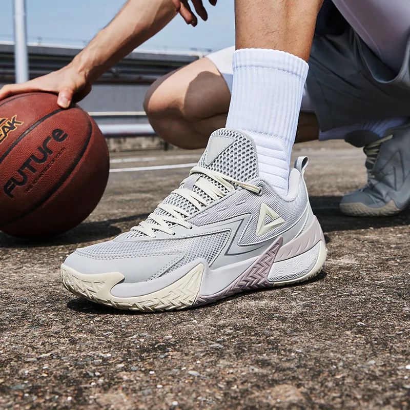 PEAK Cushioned Slip-Resistant Breathable Rebound Low-Top Basketball Shoes Men's White Gray-6