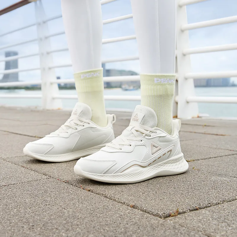 PEAK Cushioned Wear Resistant Breathable Slip Resistant Low Top Running Shoes Women's Beige White Green-6