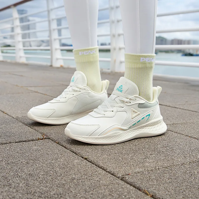 PEAK Cushioned Wear Resistant Breathable Slip Resistant Low Top Running Shoes Women's Beige White Green-8