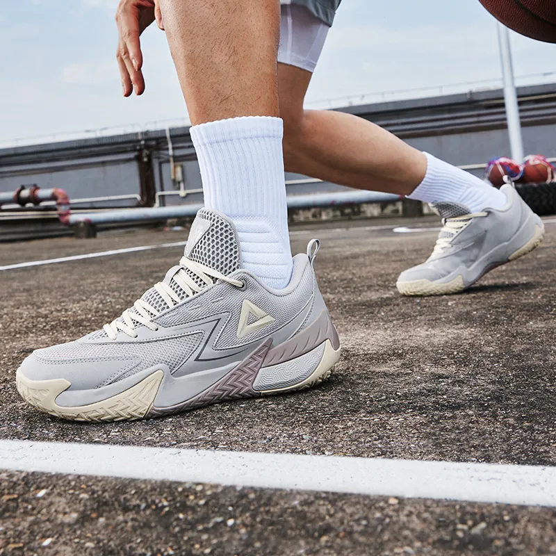 PEAK Cushioned Slip-Resistant Breathable Rebound Low-Top Basketball Shoes Men's White Gray-7