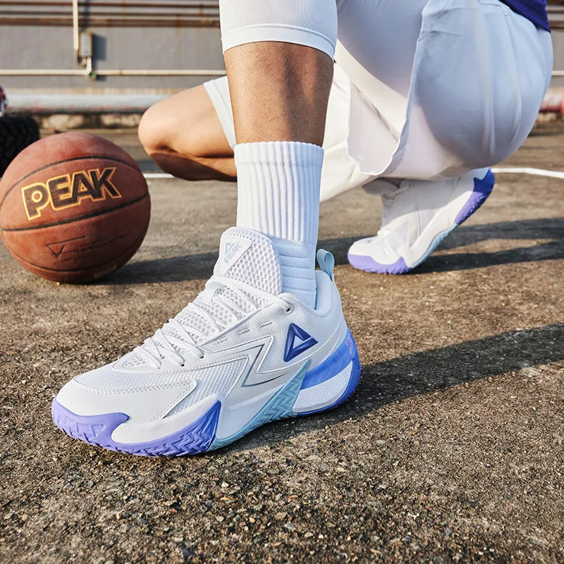 PEAK Cushioning Rebound Breathable Slip-Resistant Low-Top Basketball Shoes Men's Large White Purple-8