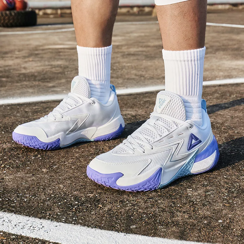 PEAK Cushioning Rebound Breathable Slip-Resistant Low-Top Basketball Shoes Men's Large White Purple-9