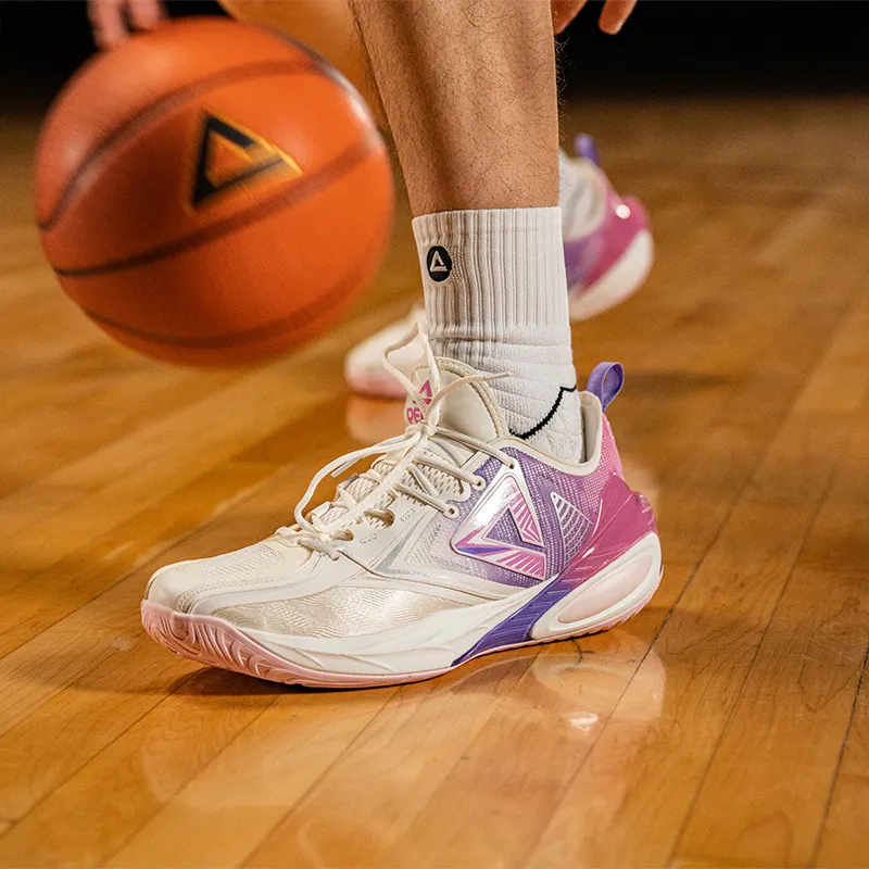 PEAK Cushioned Abrasion Resistant Slip Resistant Low Top Basketball Shoes Men's Ivory Purple-6