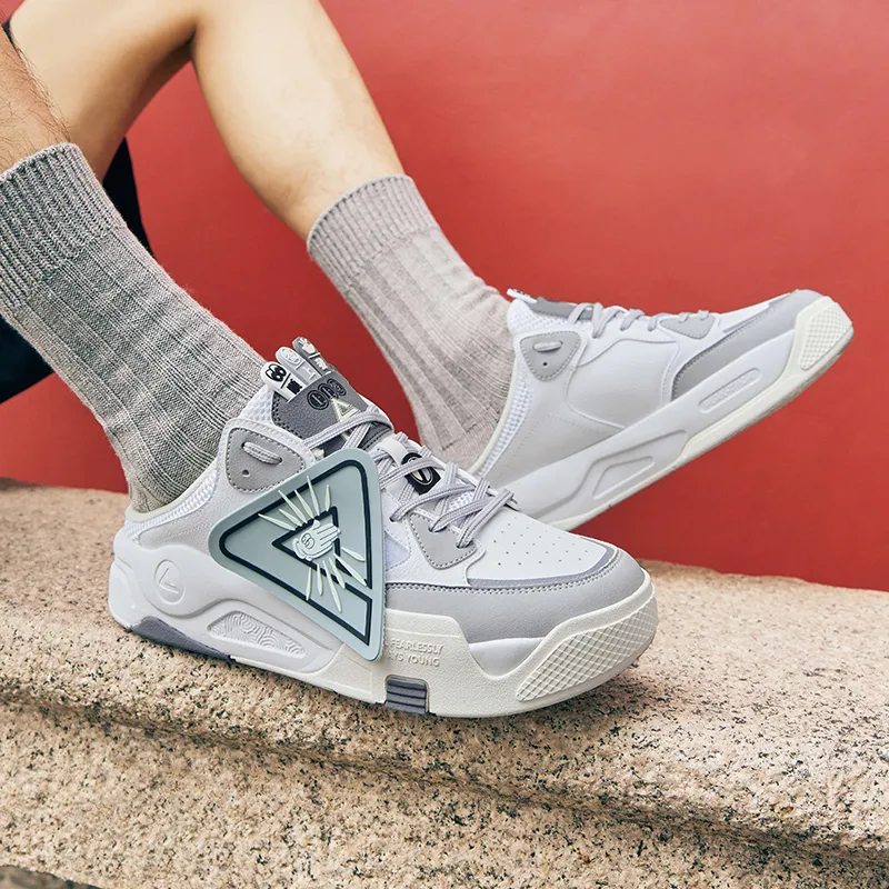 PEAK Skateboard Shoes Men Low Top All White Light Gray-9