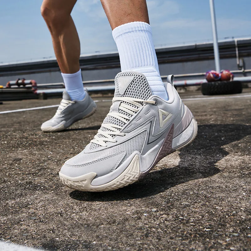 PEAK Cushioned Slip-Resistant Breathable Rebound Low-Top Basketball Shoes Men's White Gray-8