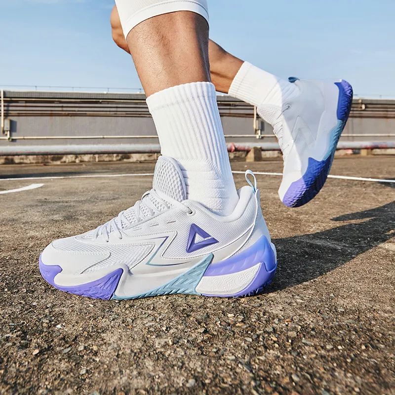PEAK Cushioning Rebound Breathable Slip-Resistant Low-Top Basketball Shoes Men's Large White Purple-7