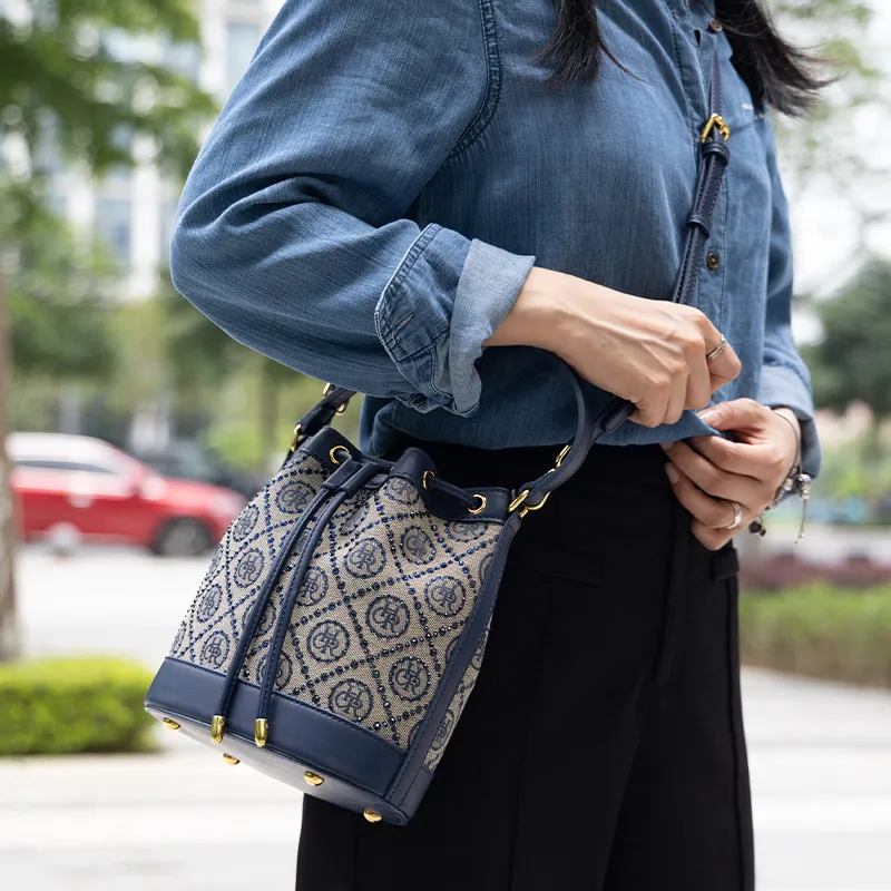 CHRISBELLA Fabric, Synthetic Leather One Shoulder Handbag Medium Size Women's Blue-8