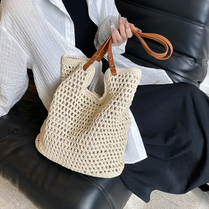 DCLOUD PU Straw Bag Tote Bag Shopping Bag Shoulder Bag Regular Unisex Khaki/Beige-12
