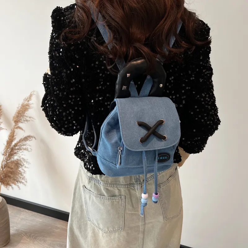 DCLOUD Denim Backpack Handbag Women's Light Blue/Dark Blue-7