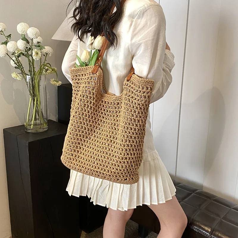 DCLOUD PU Straw Bag Tote Bag Shopping Bag Shoulder Bag Regular Unisex Khaki/Beige-1