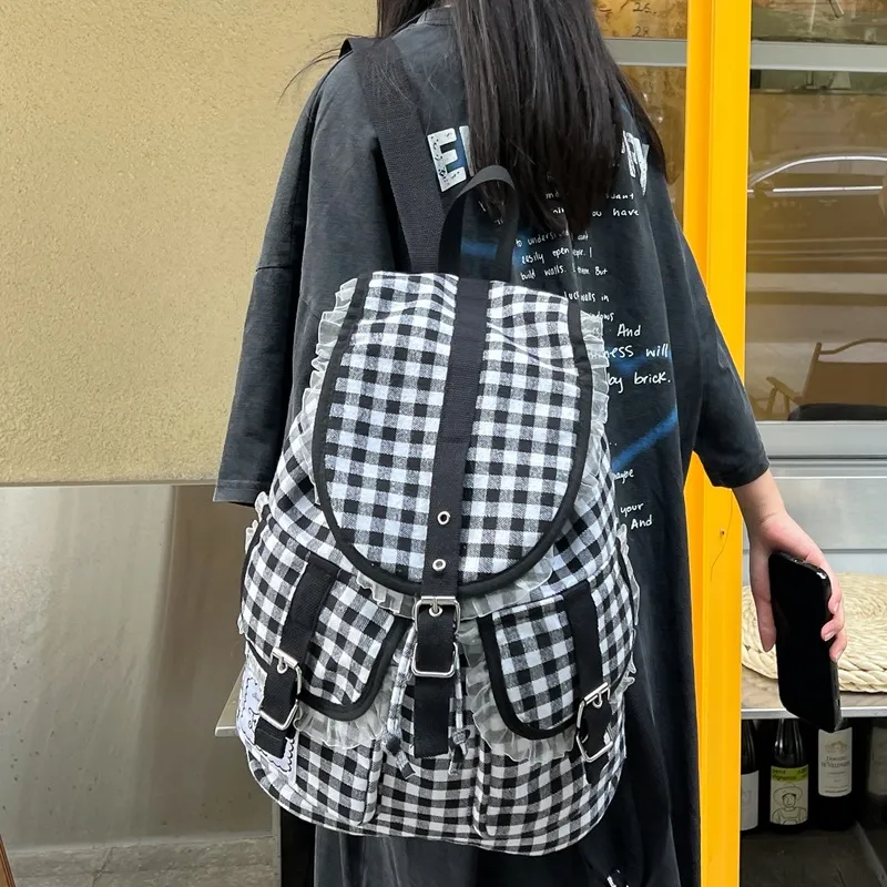 DCLOUD Cotton Fabric Backpack Women's Black White Plaid-2