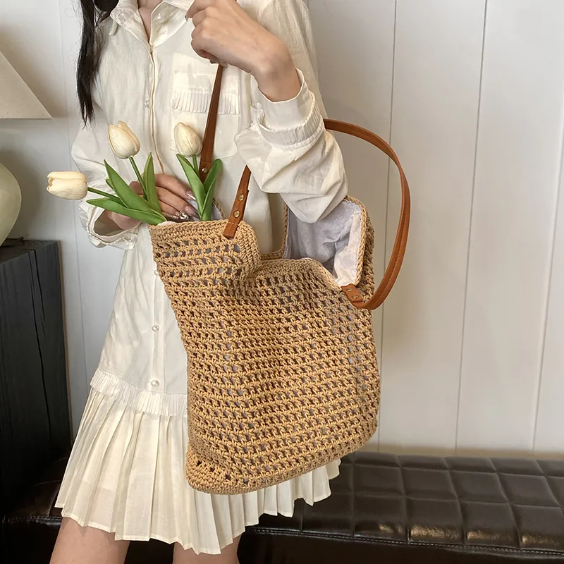 DCLOUD PU Straw Bag Tote Bag Shopping Bag Shoulder Bag Regular Unisex Khaki/Beige-6