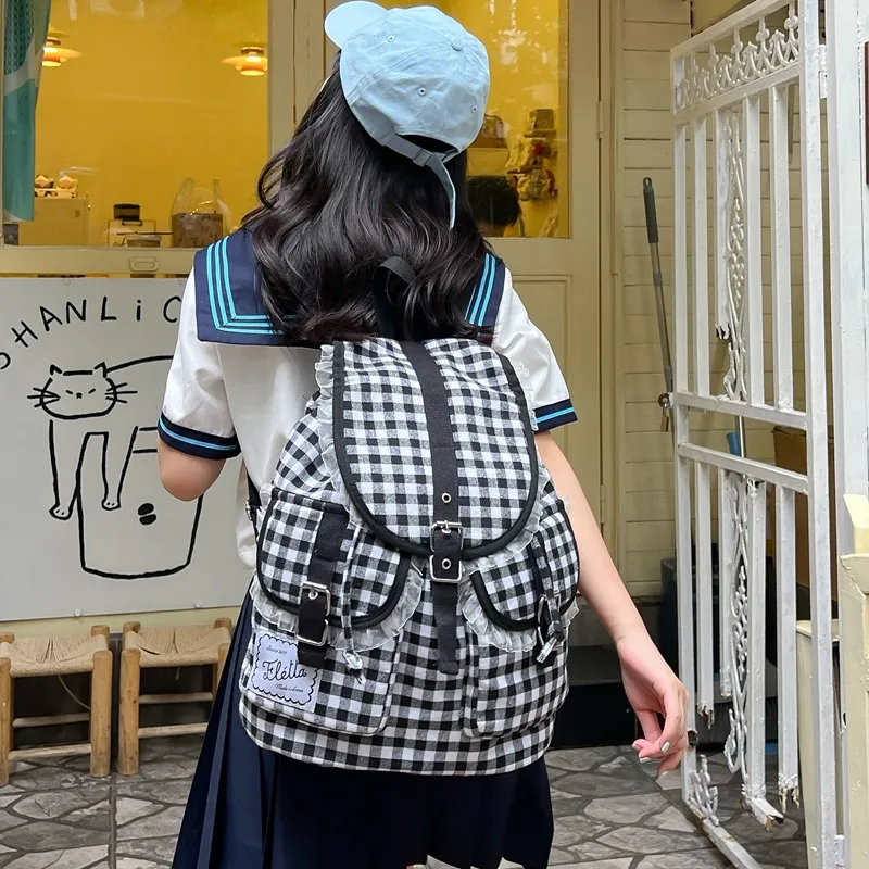 DCLOUD Cotton Fabric Backpack Women's Black White Plaid-3