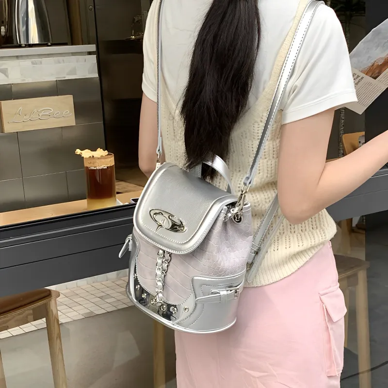 DCLOUD PU Backpack Small Size Women's Silver/Black-3