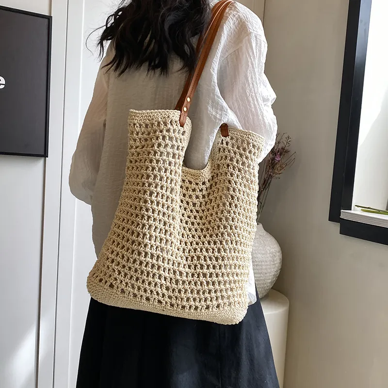 DCLOUD PU Straw Bag Tote Bag Shopping Bag Shoulder Bag Regular Unisex Khaki/Beige-11