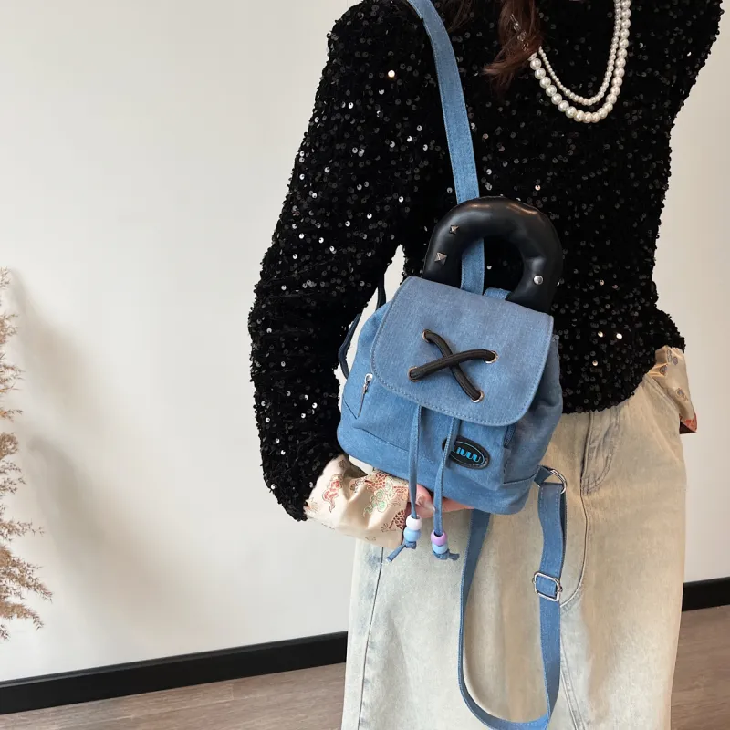 DCLOUD Denim Backpack Handbag Women's Light Blue/Dark Blue-6