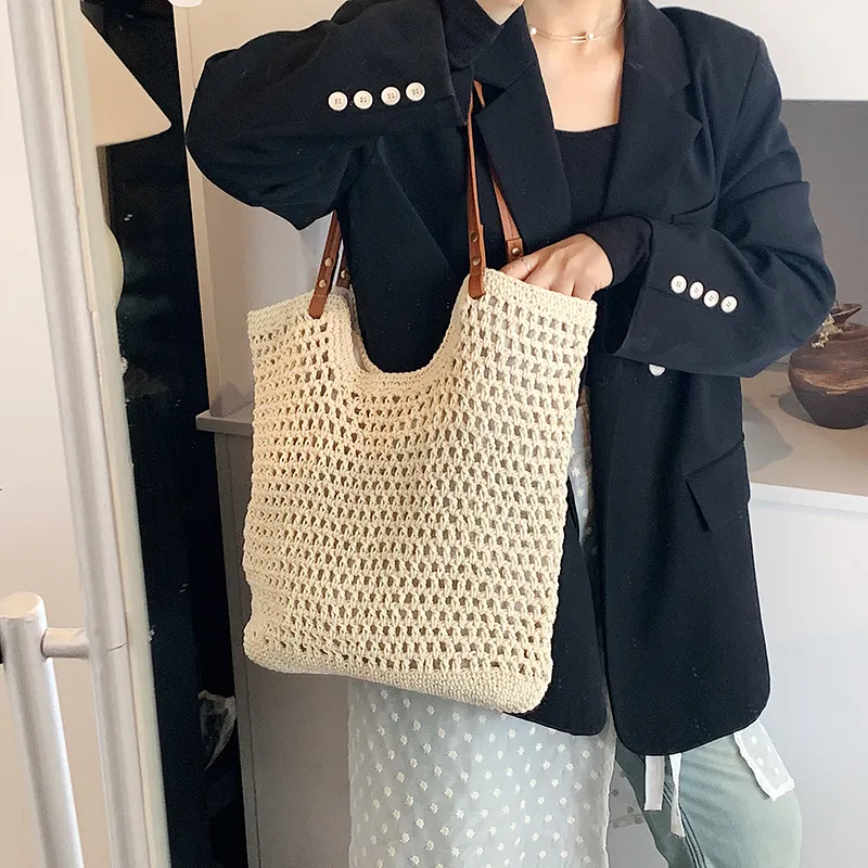 DCLOUD PU Straw Bag Tote Bag Shopping Bag Shoulder Bag Regular Unisex Khaki/Beige-9