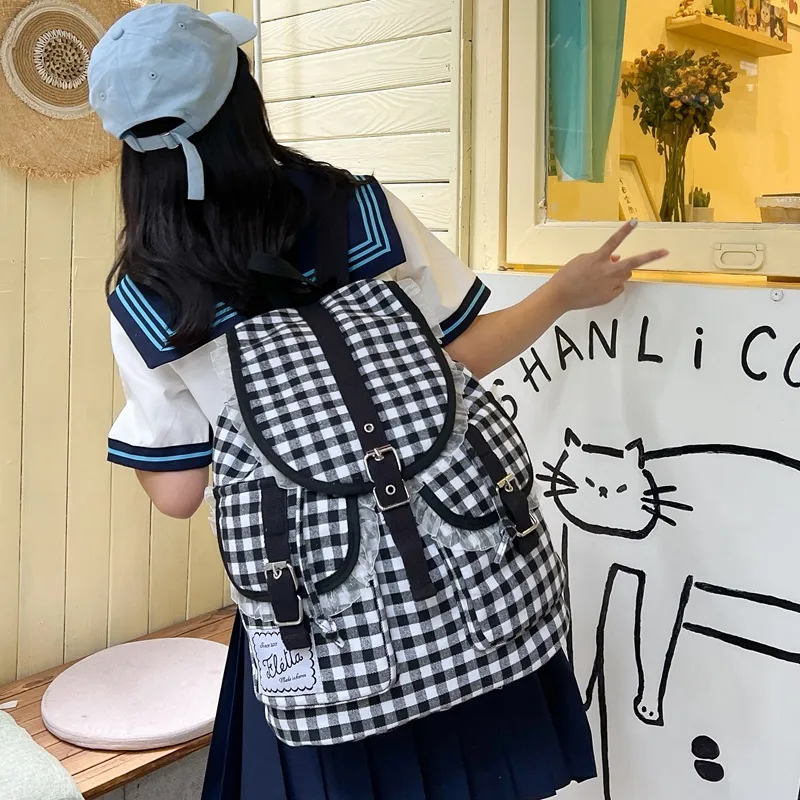 DCLOUD Cotton Fabric Backpack Women's Black White Plaid-1