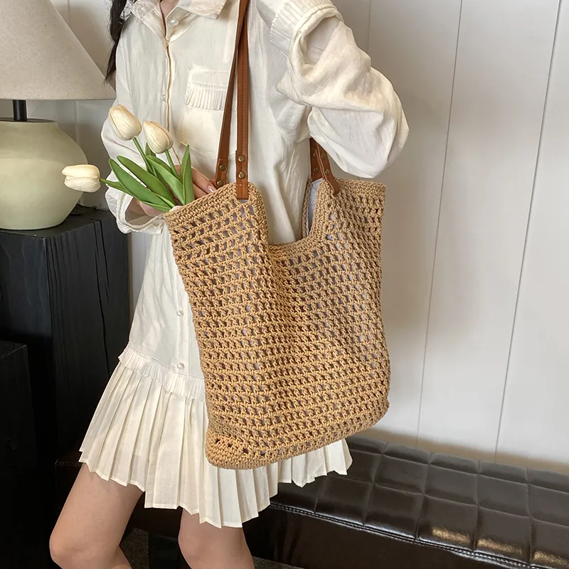 DCLOUD PU Straw Bag Tote Bag Shopping Bag Shoulder Bag Regular Unisex Khaki/Beige-2
