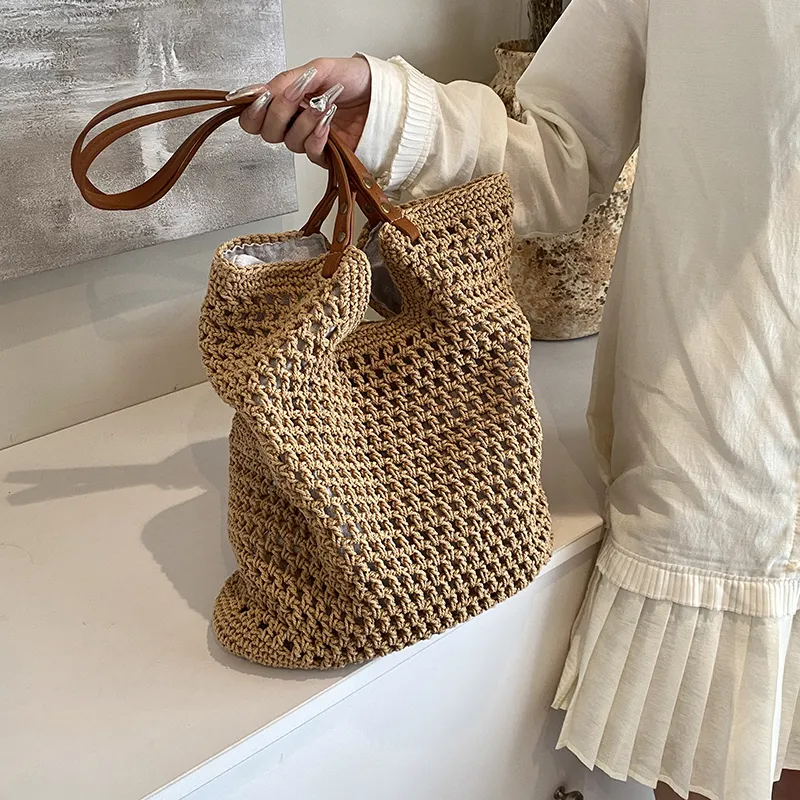 DCLOUD PU Straw Bag Tote Bag Shopping Bag Shoulder Bag Regular Unisex Khaki/Beige-4
