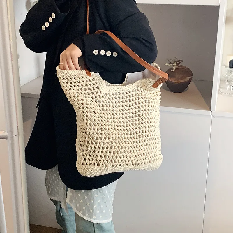 DCLOUD PU Straw Bag Tote Bag Shopping Bag Shoulder Bag Regular Unisex Khaki/Beige-10
