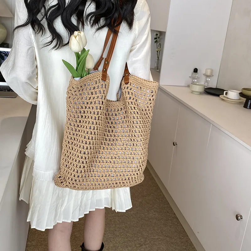 DCLOUD PU Straw Bag Tote Bag Shopping Bag Shoulder Bag Regular Unisex Khaki/Beige-5