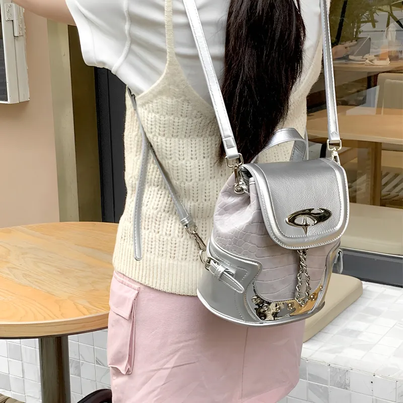 DCLOUD PU Backpack Small Size Women's Silver/Black-1