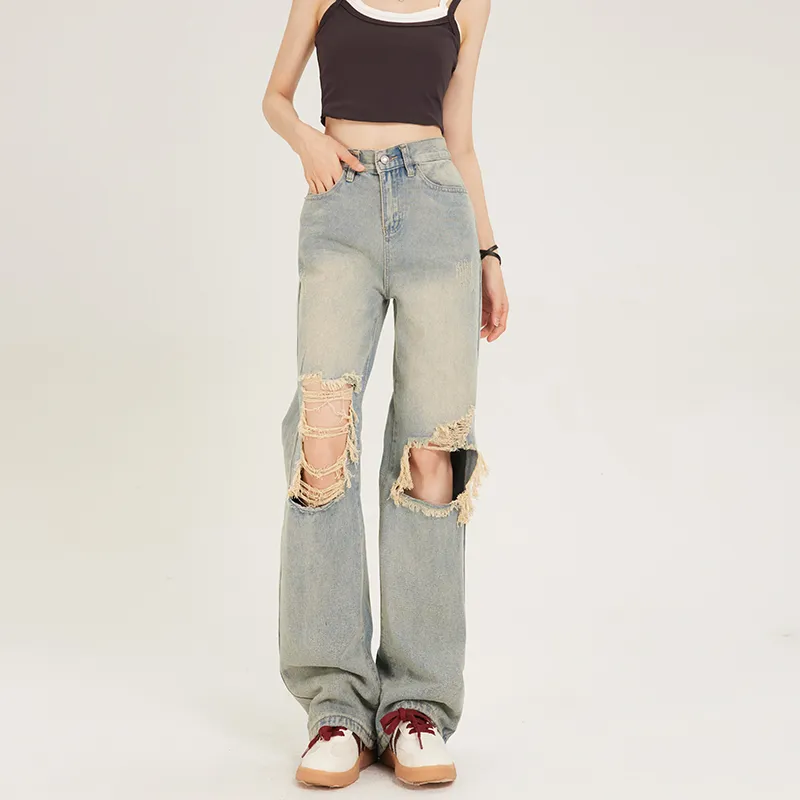 BENGEN Hot Girl Ripped Wide Leg Jeans Women's Nostalgic Blue-3