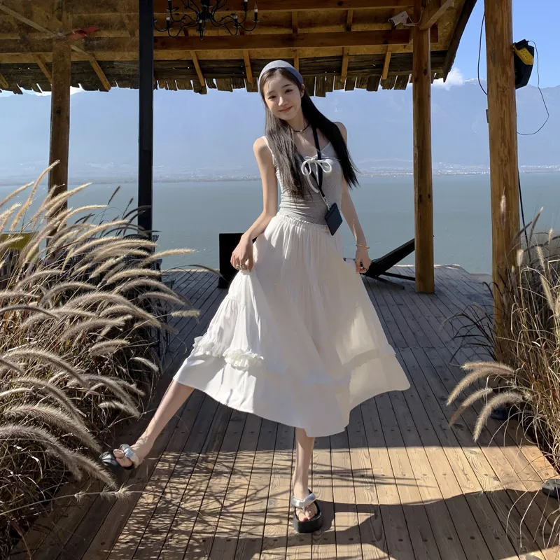 BENGEN Casual Long Skirt Women's White-4