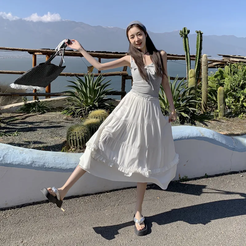 BENGEN Casual Long Skirt Women's White-6