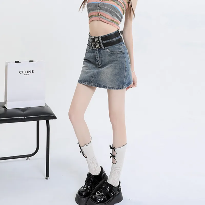 BENGEN Denim Short Skirts Women's Vintage Blue-5