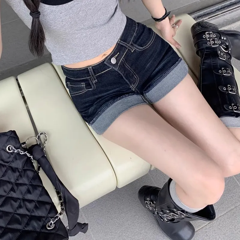 BENGEN Denim Shorts Women's Dark Blue-5