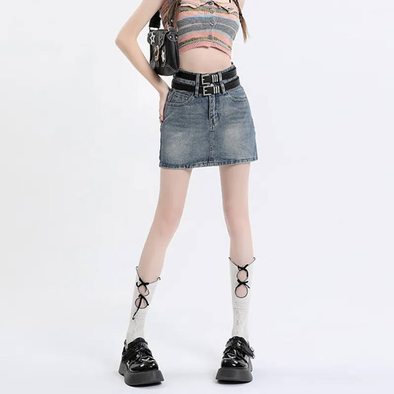 BENGEN Denim Short Skirts Women's Vintage Blue-3