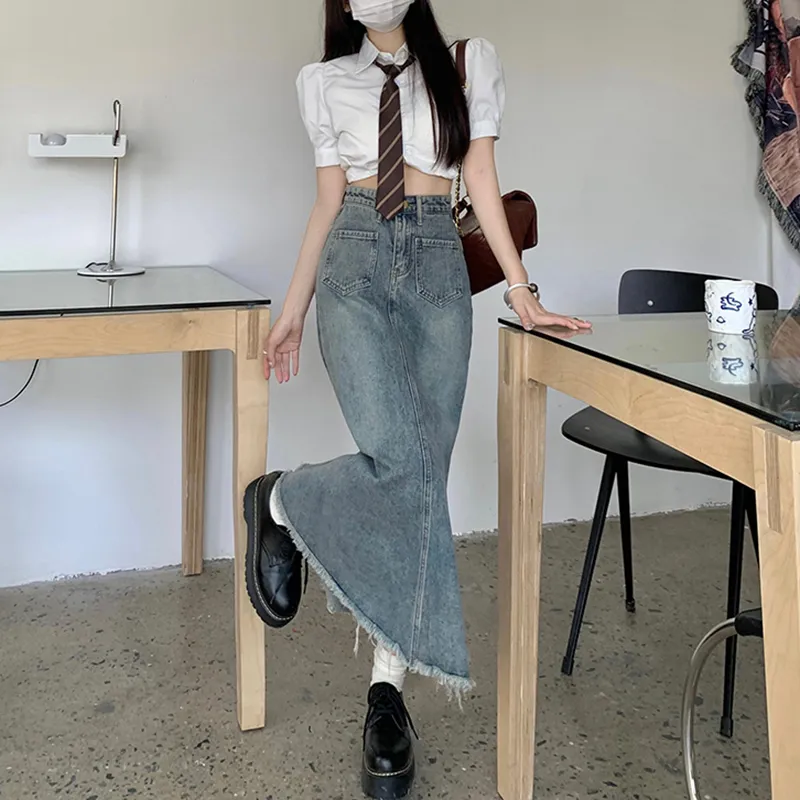 BENGEN Denim Long Skirts Women's Blue-3
