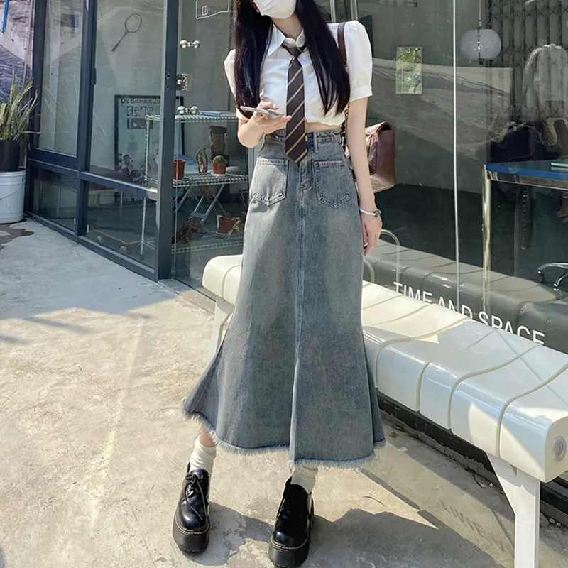 BENGEN Denim Long Skirts Women's Blue-2