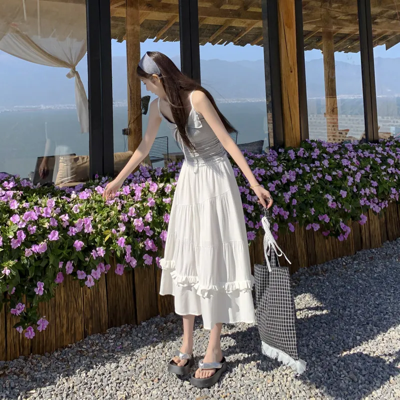 BENGEN Casual Long Skirt Women's White-7