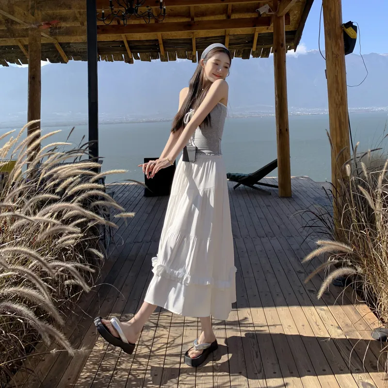 BENGEN Casual Long Skirt Women's White-5