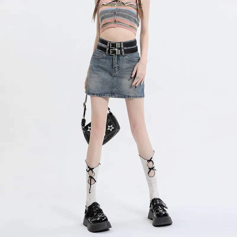 BENGEN Denim Short Skirts Women's Vintage Blue-2