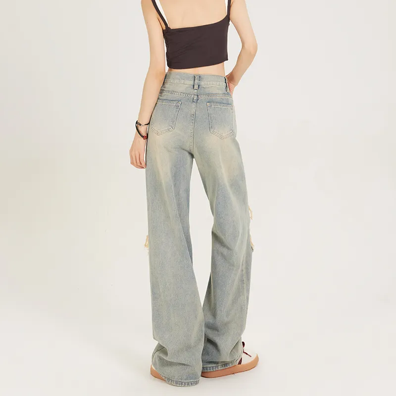 BENGEN Hot Girl Ripped Wide Leg Jeans Women's Nostalgic Blue-0