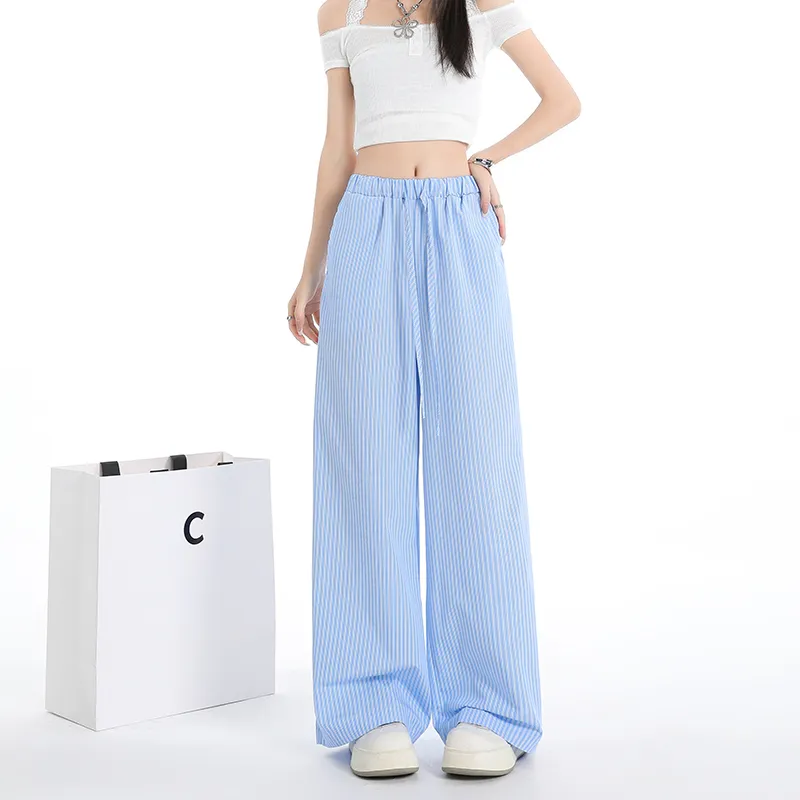 BENGEN Casual Pants Women's Blue Stripes Pattern-2