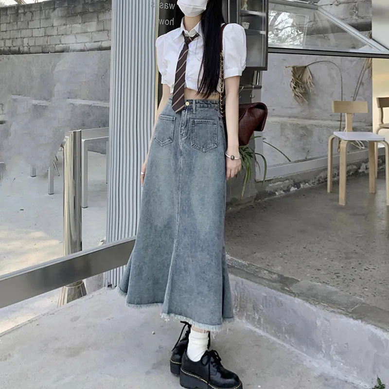 BENGEN Denim Long Skirts Women's Blue-4