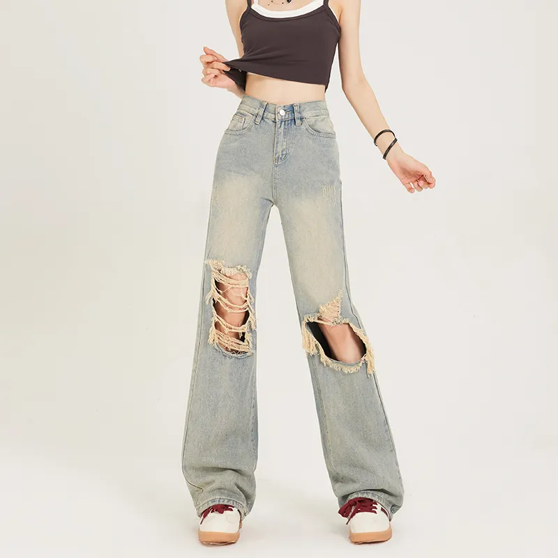 BENGEN Hot Girl Ripped Wide Leg Jeans Women's Nostalgic Blue-1