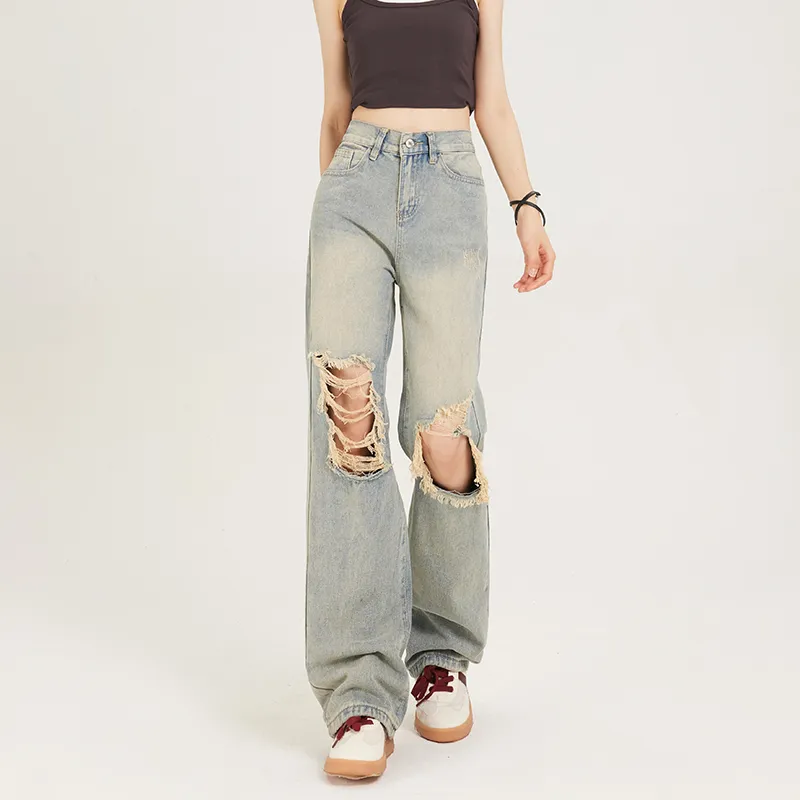 BENGEN Hot Girl Ripped Wide Leg Jeans Women's Nostalgic Blue-2
