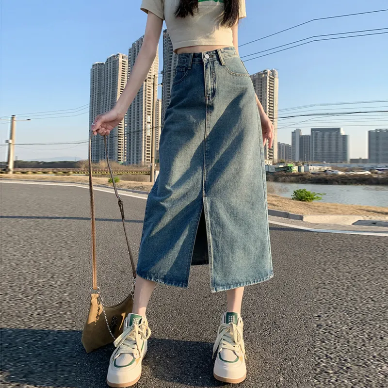 BENGEN Denim Long Skirt Women's Vintage Blue-4