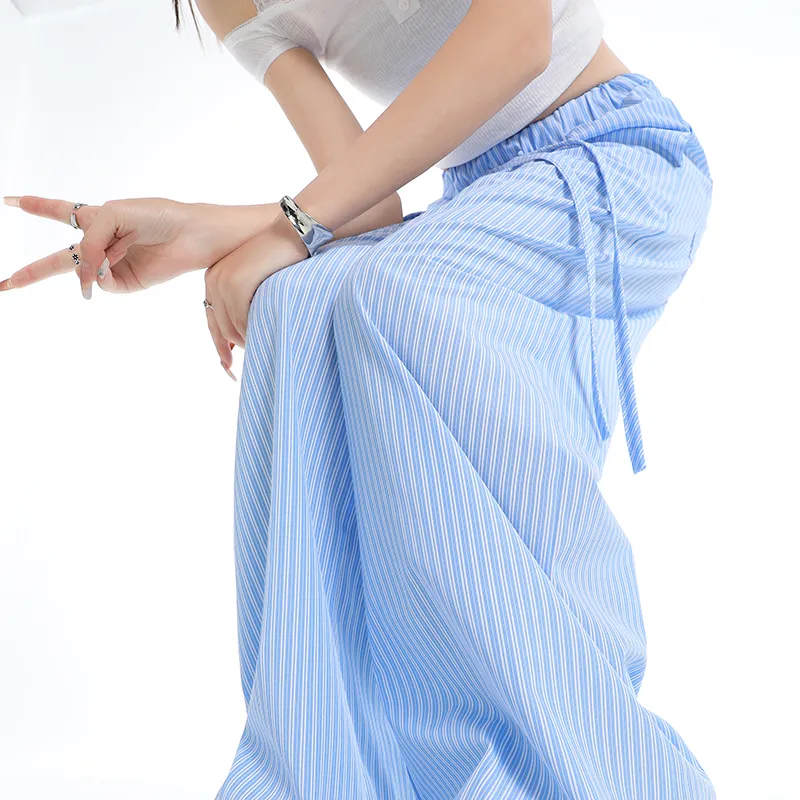 BENGEN Casual Pants Women's Blue Stripes Pattern-4
