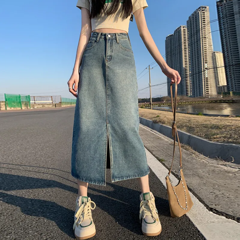 BENGEN Denim Long Skirt Women's Vintage Blue-2