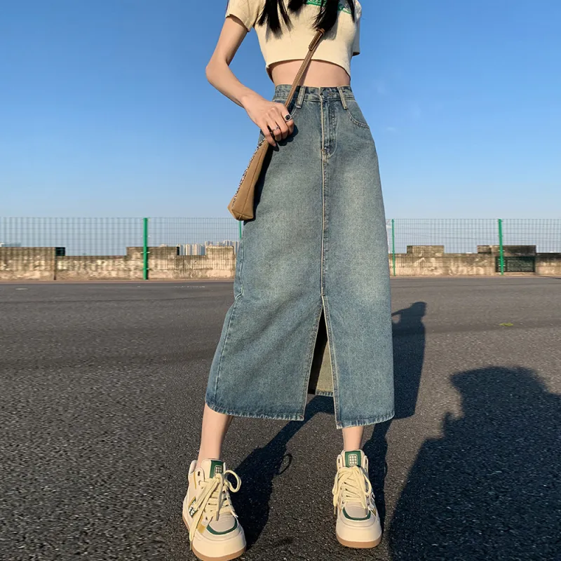 BENGEN Denim Long Skirt Women's Vintage Blue-3